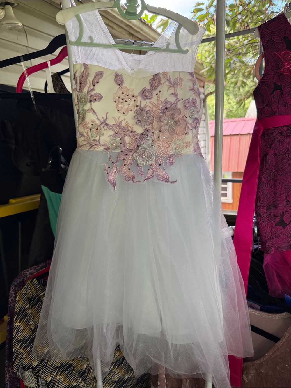 New Girls 7/8 3 layerTulle Dress with Pink Floral Appliqué